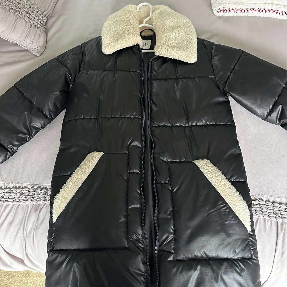 Black Puffer Coat with Cream Fur Accents